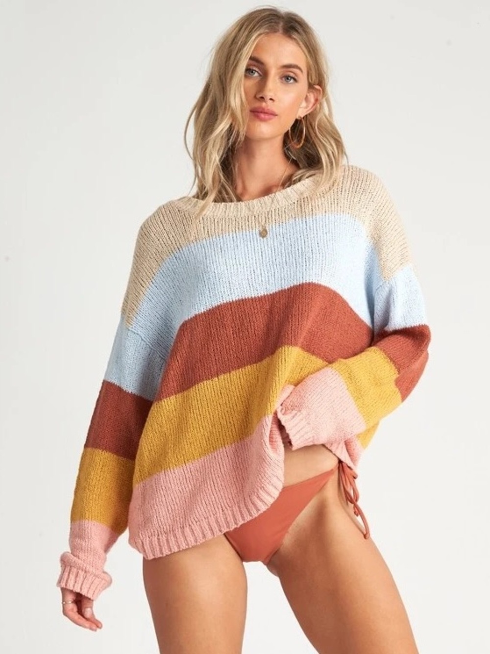 Billabong Lost Paradise Multi Stripe Knit Beach Coastal Retro Oversized Sweater